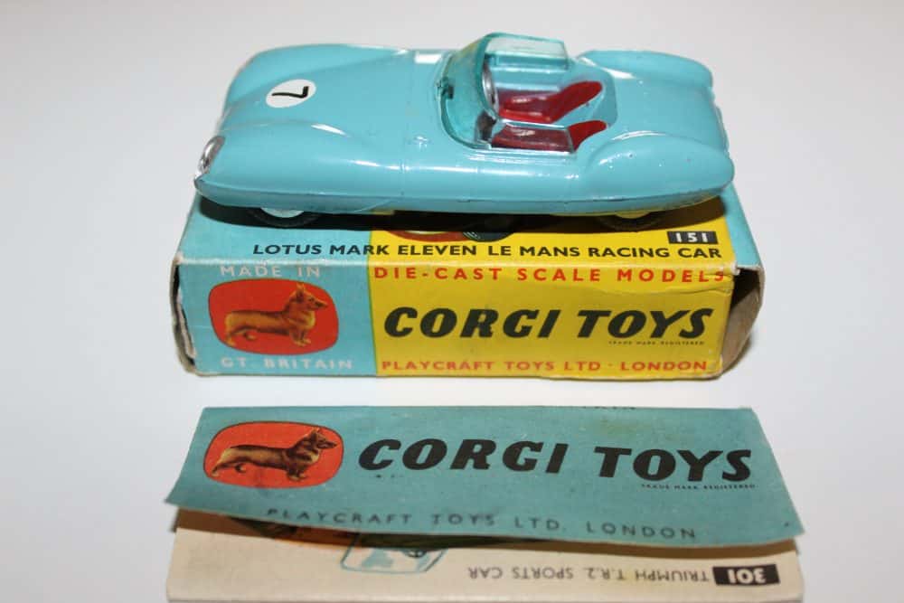 Vintage Corgi Toys 151 Lotus Mark Eleven Le Mans racing car in original box.