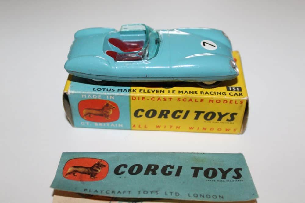 Corgi Toys 151 Lotus Mark Eleven Le Mans racing car in original packaging.