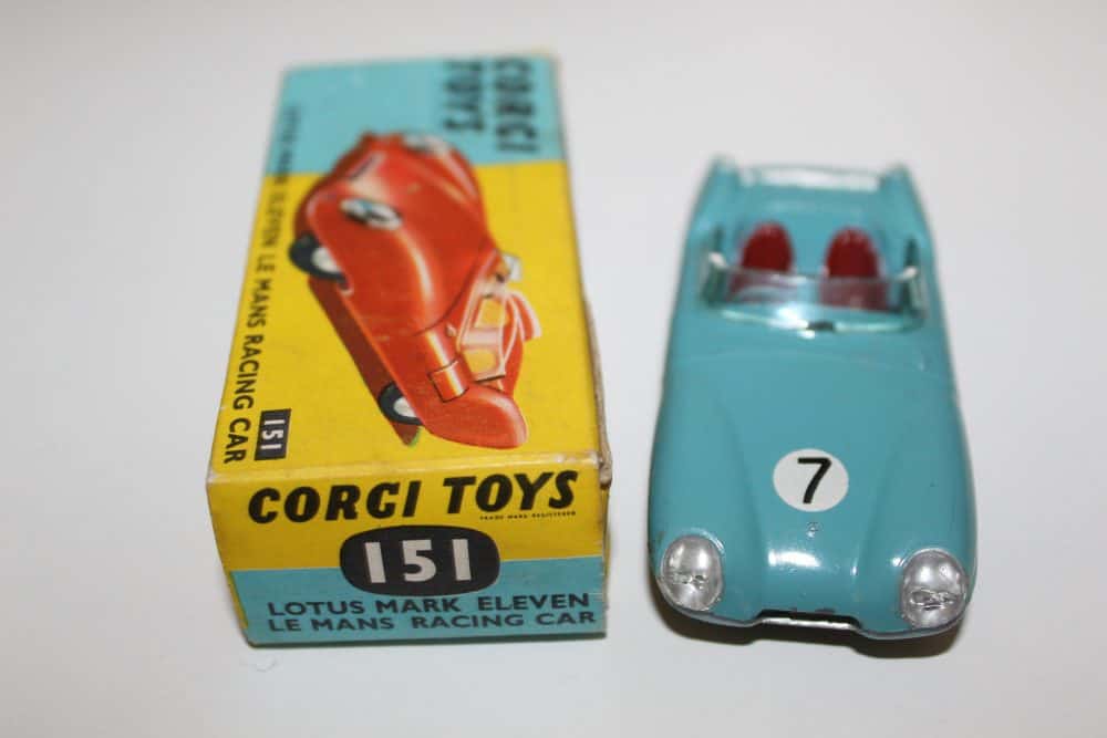 Corgi Toys 151 Lotus Mark Eleven Le Mans racing car with original box, vintage diecast model.