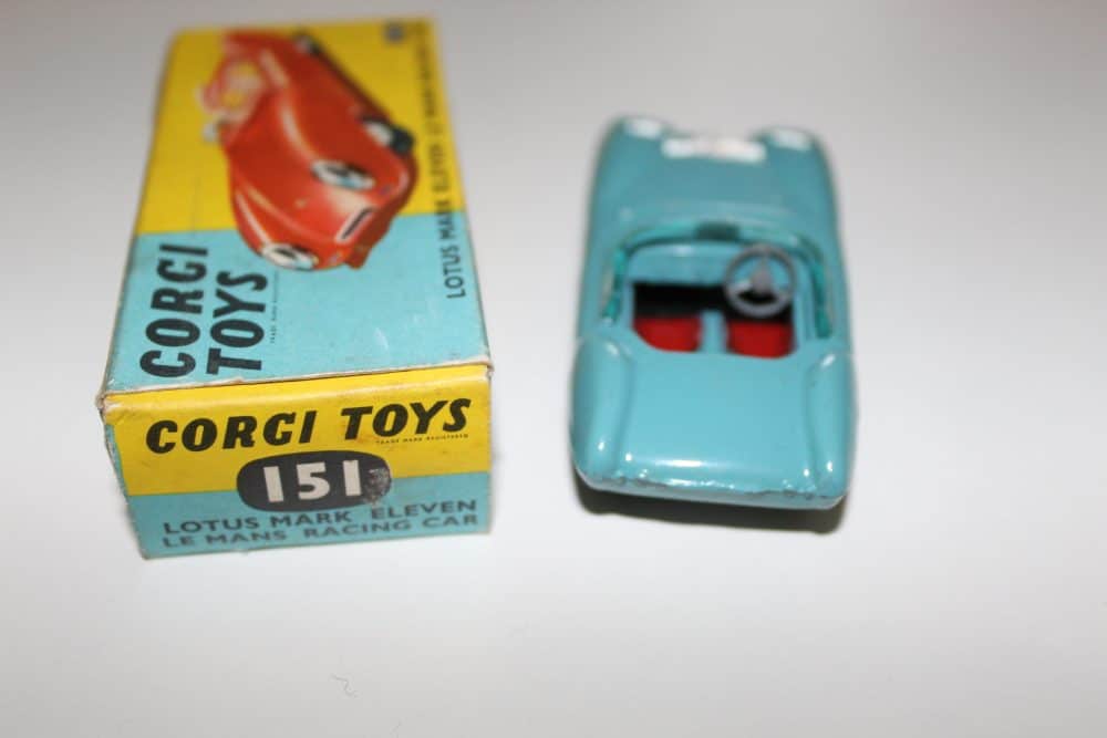 Vintage Corgi Toys 151 Lotus Mark Eleven Le Mans racing car model with box.