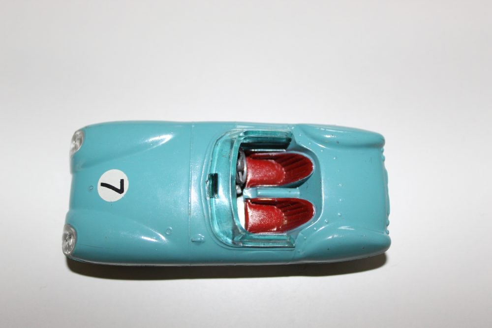 Vintage Corgi Lotus Mark Eleven racing car model, blue diecast toy, detailed replica.