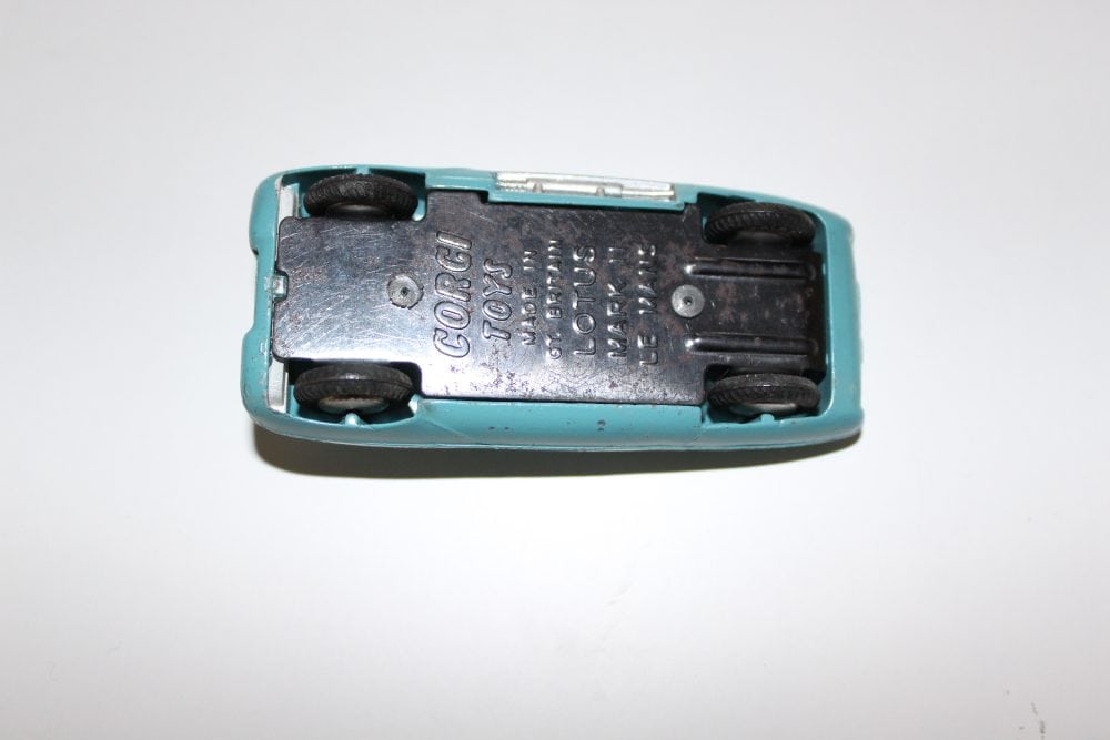 Vintage Corgi Toys 151 Lotus Mark Eleven model car underside view.