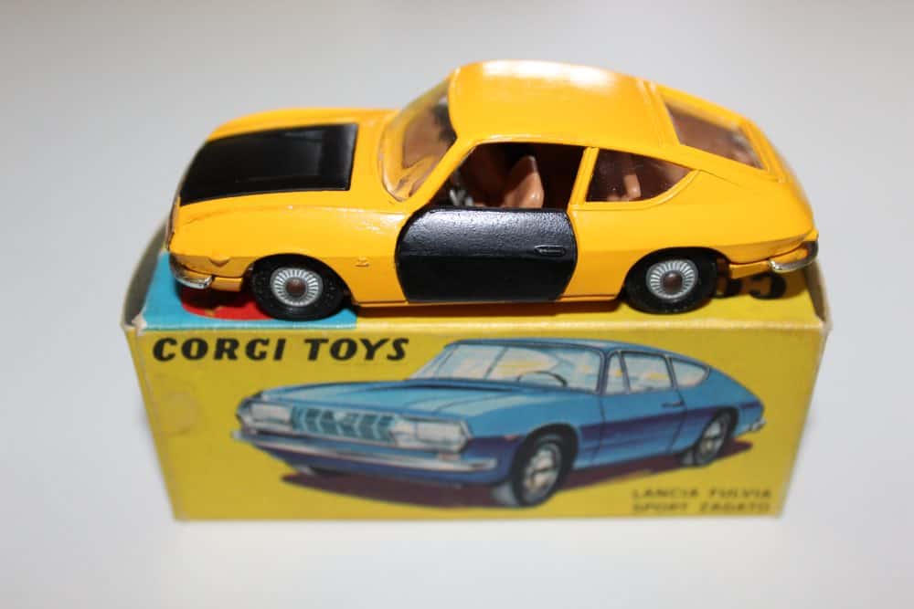 Detailed Corgi Toys 332 Lancia Fulvia Sport Zagato model in yellow with black accents.