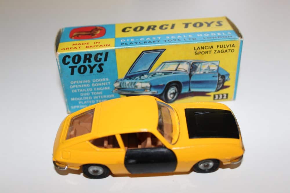Detailed Corgi Toys 332 Lancia Fulvia Sport Zagato model in yellow with black accents.