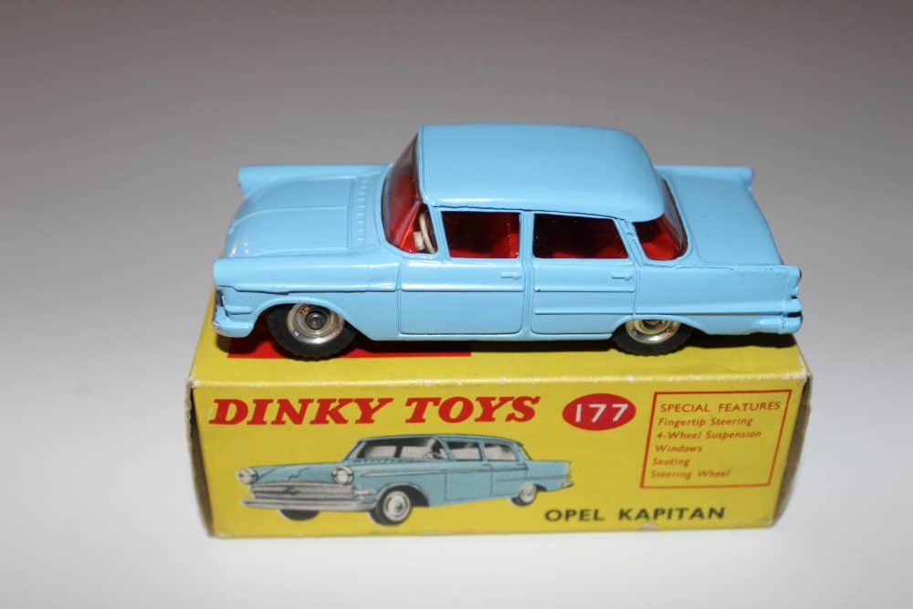 Dinky Toys 177 Opel Kapitan diecast model car on its original box, vintage collectible.
