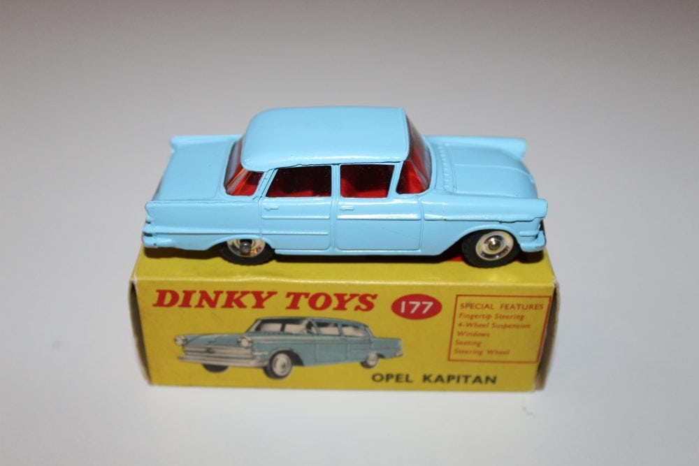Dinky Toys 177 Opel Kapitan diecast model car, vintage collectible toy, blue with red interior.