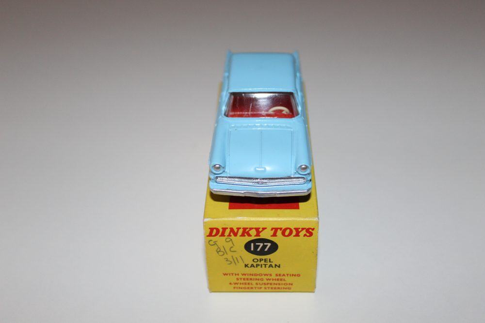 Vintage Dinky Toys 177 Opel Kapitan model car on display, collectible diecast toy.