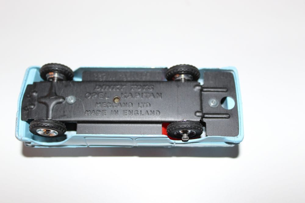 Vintage Dinky Toys Opel Kapitan diecast model in blue, collectible toy car for enthusiasts.