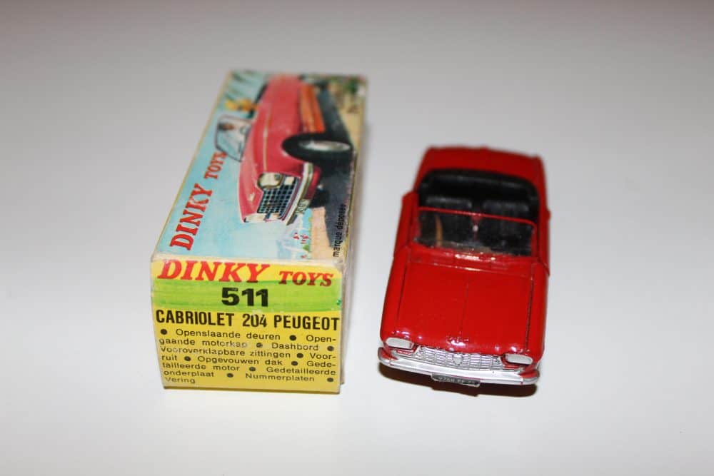 Dinky 511 Peugeot Cabriolet 204 diecast toy car with original box.