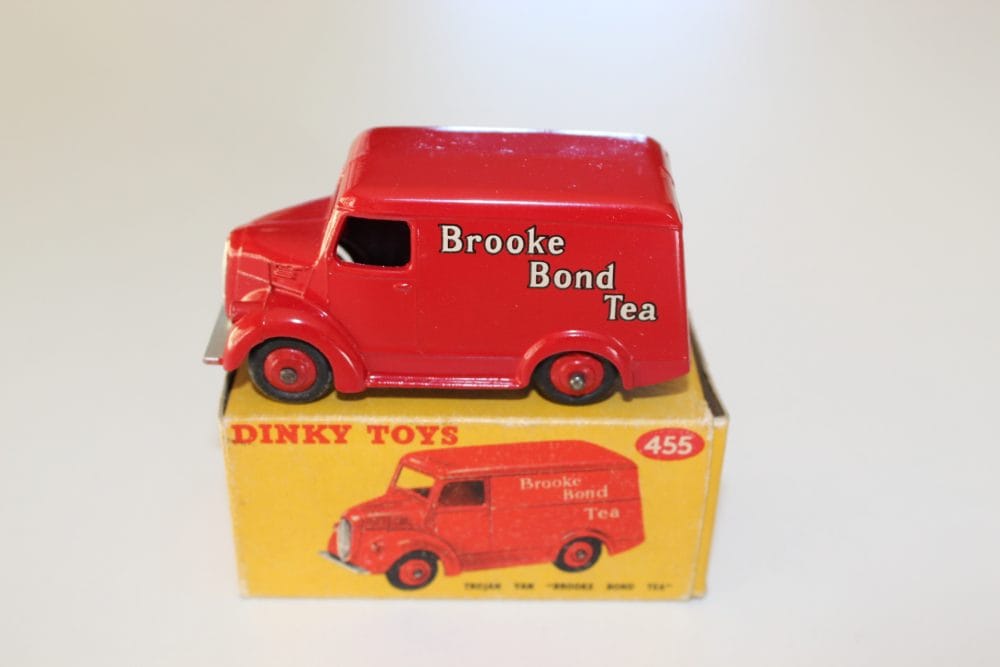 Vintage Dinky Toys 455 Brooke Bond Tea Van, red model on box.