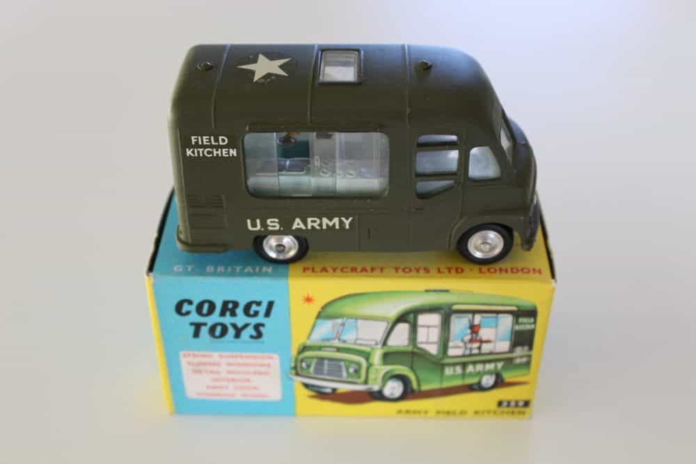 Vintage Corgi Toys Army Field Kitchen model with packaging.