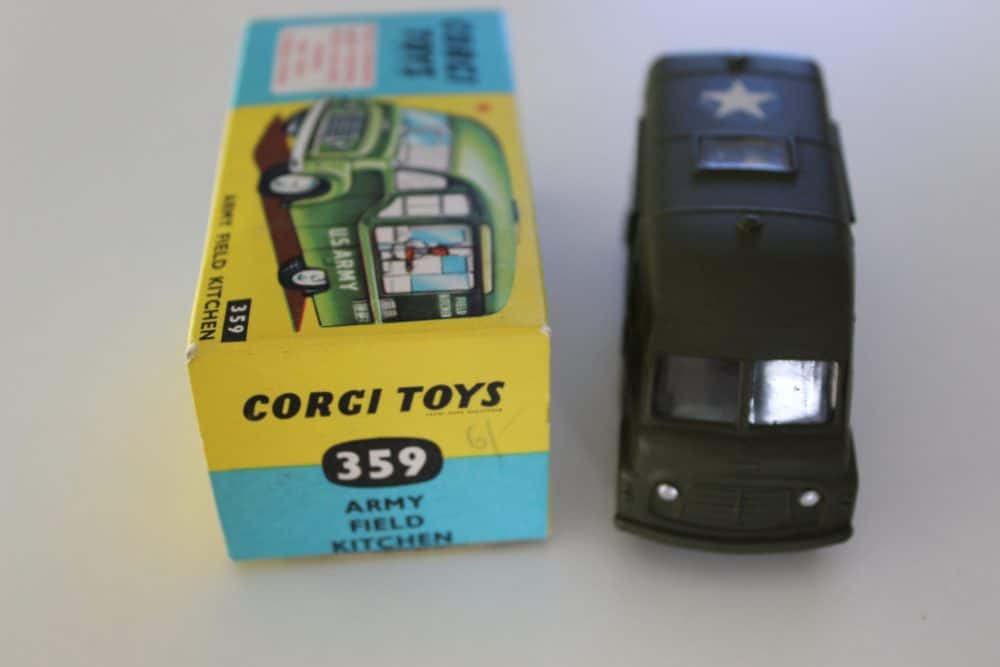 Vintage Corgi Toys 359 Army Field Kitchen diecast model with box.