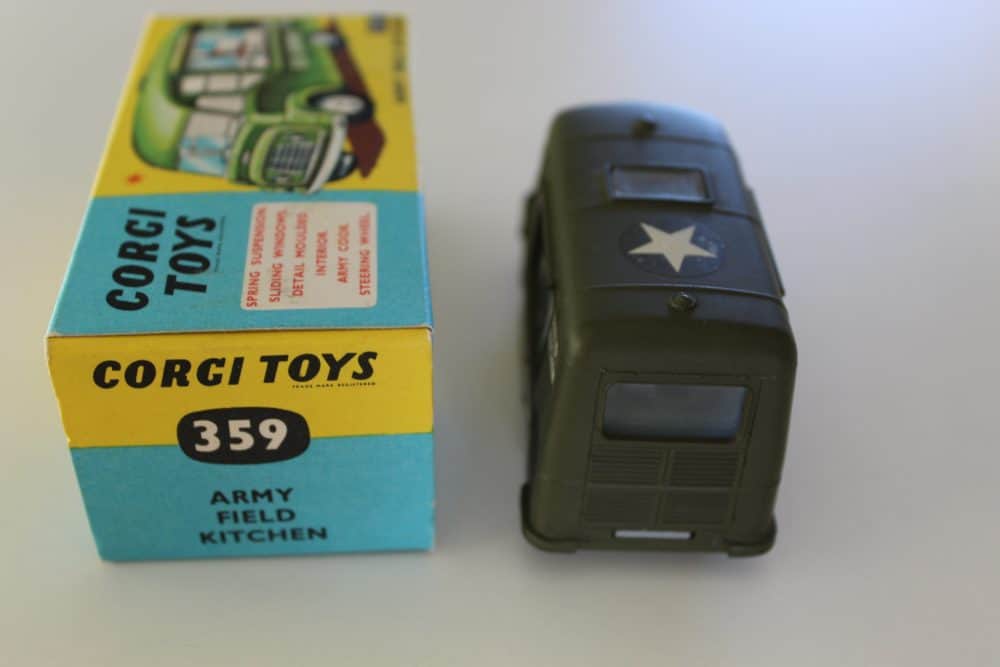 Vintage Corgi Toys 359 Army Field Kitchen model with packaging, collectible military toy.