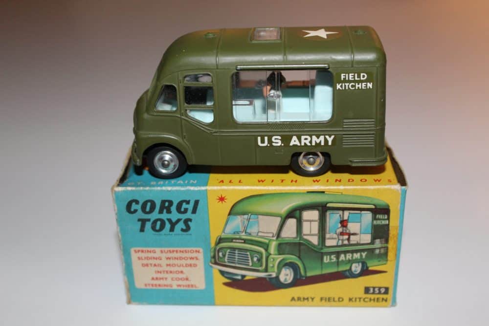 Detailed model of Corgi Toys 359 Army Field Kitchen in green with U.S. Army markings.