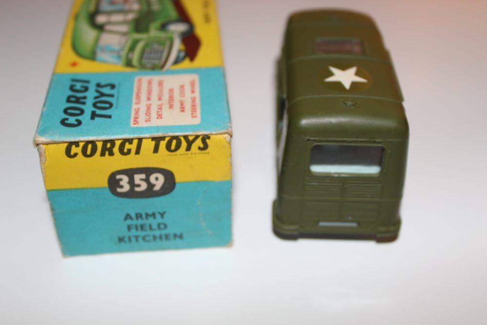 Detailed model of Corgi Toys 359 Army Field Kitchen with original box.