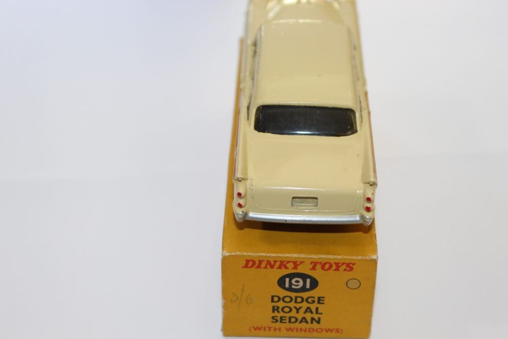 Vintage Dinky Toys 191 Dodge Royal Sedan model car with window details.