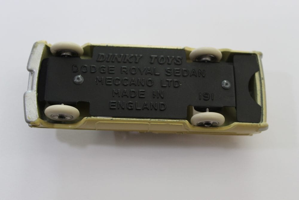 Dinky Toys 191 Dodge Royal Sedan diecast model underside, vintage toy car, collectible diecast vehic.