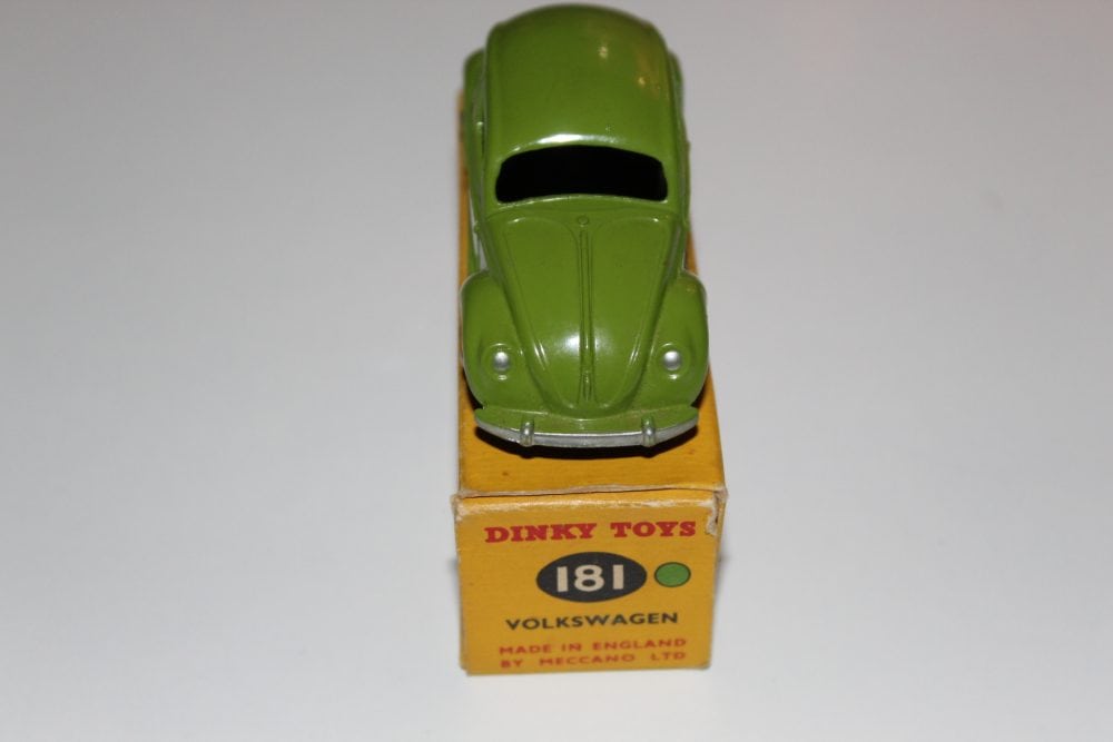 Vintage Dinky Toys 181 VW Beetle model car on original box.