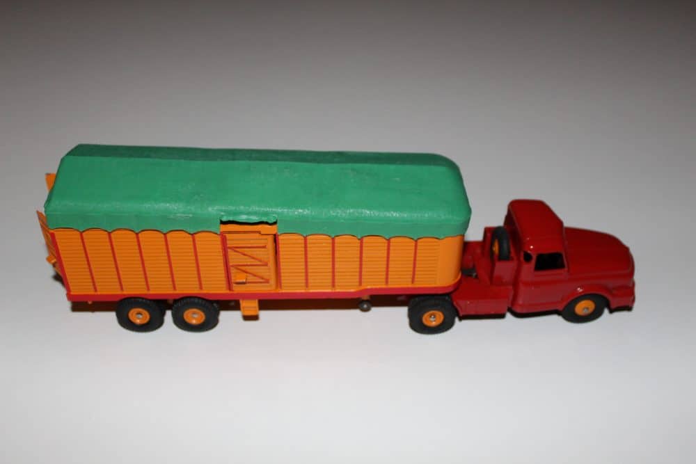 Dinky Willeme tractor with orange covered trailer, vintage diecast model.