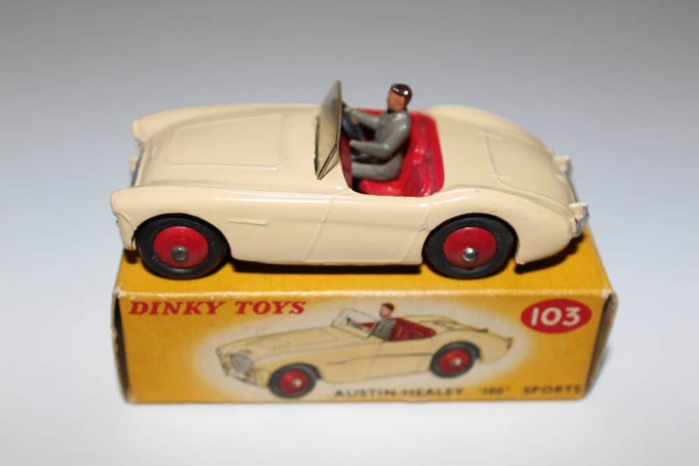 Vintage Dinky Toys 103 Austin Healey 100 Tourer model with driver figure.