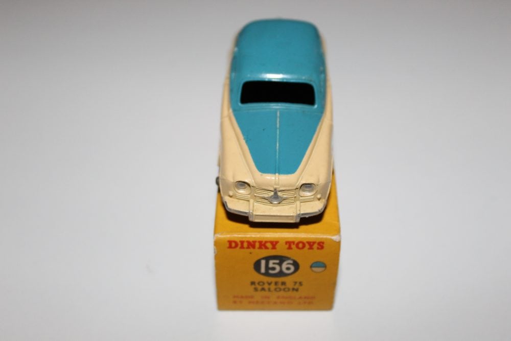 Dinky Toys 156 Rover 75 diecast model car on original box, collectible vintage toy.