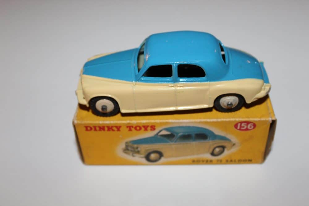 Vintage Dinky Toys Rover 75 model car in blue and cream, with original box.