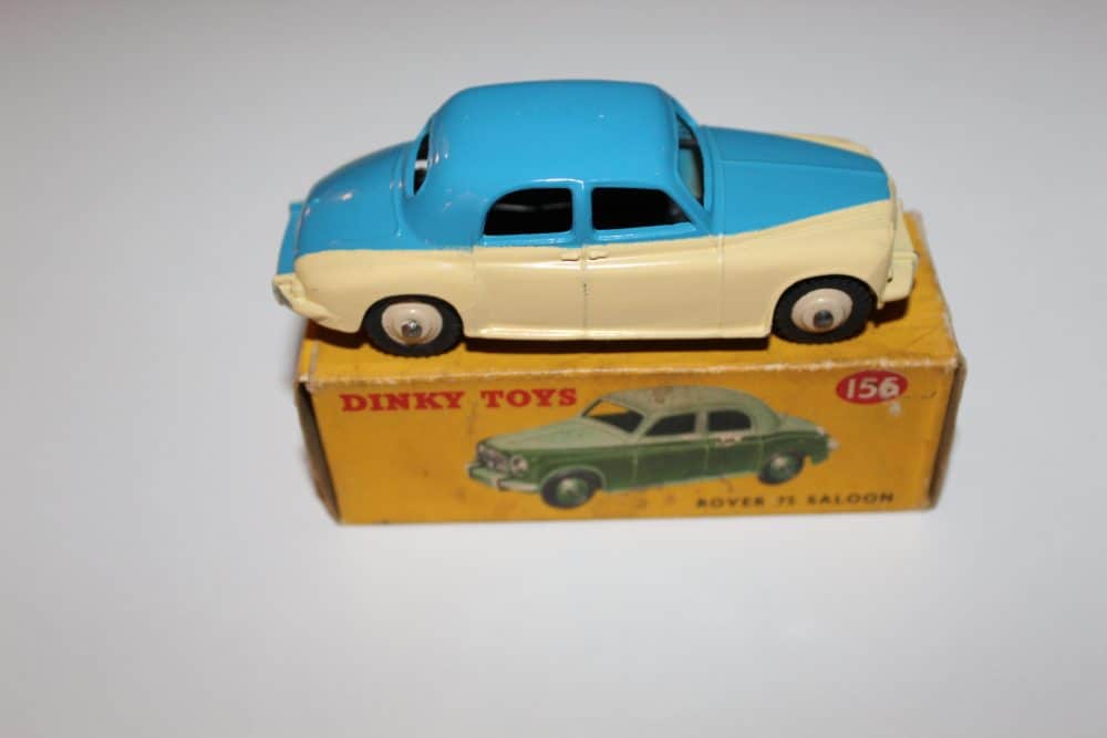 Vintage Dinky Toys Rover 75 model car on original box, collectible diecast toy.