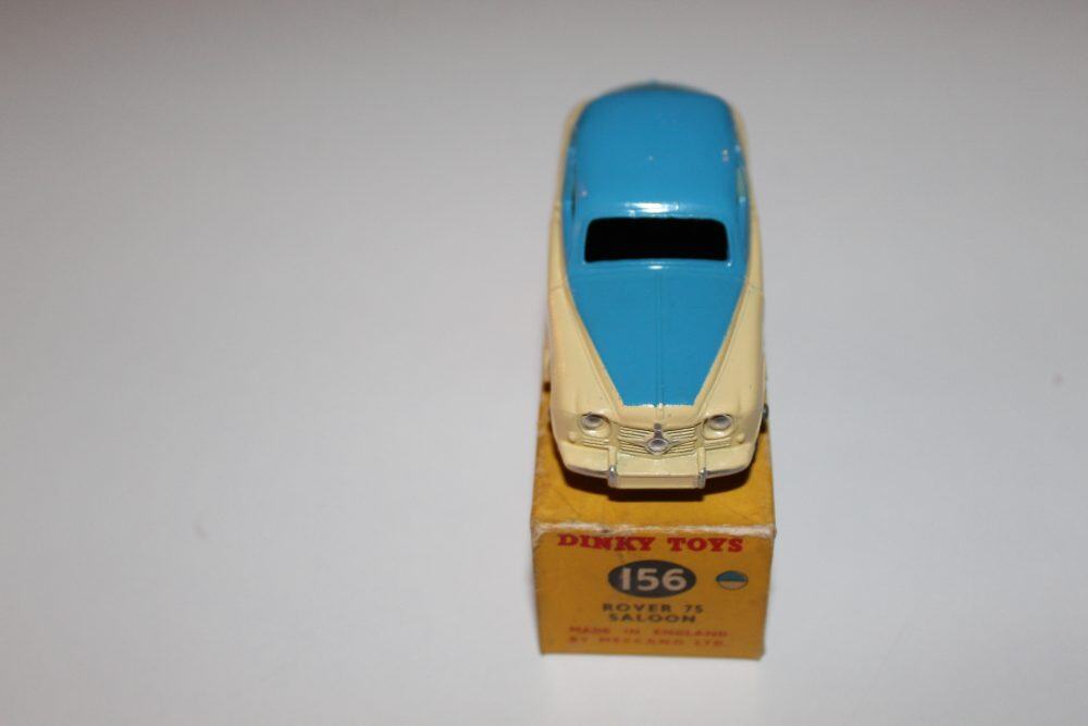 Dinky Toys 156 Rover 75 diecast model car on original box, collectible vintage toy.