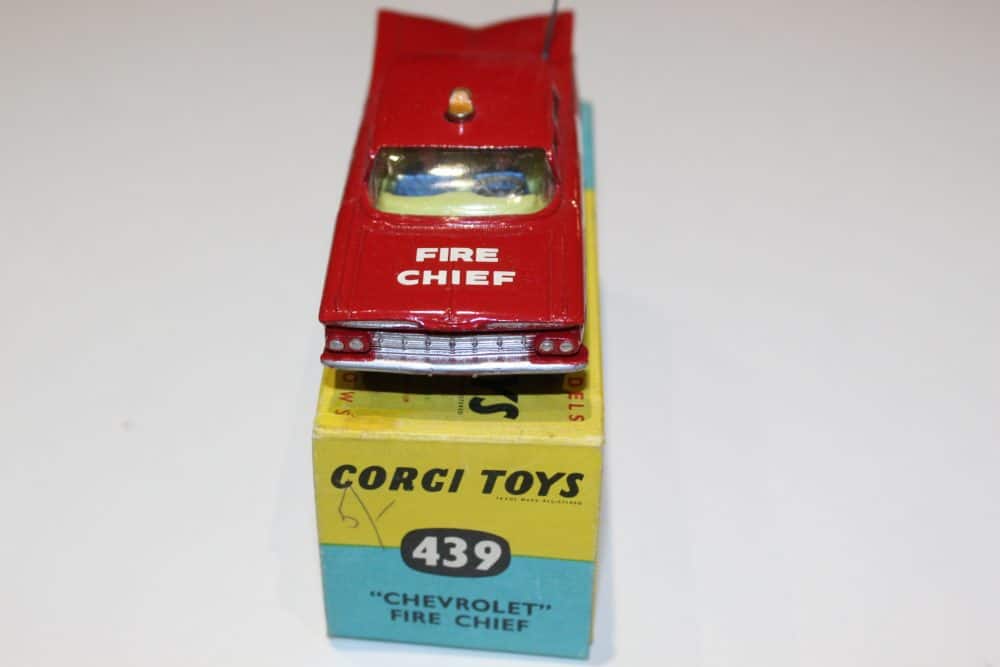 Corgi Toys 439 Chevrolet Fire Chief diecast model in red with fire department details.