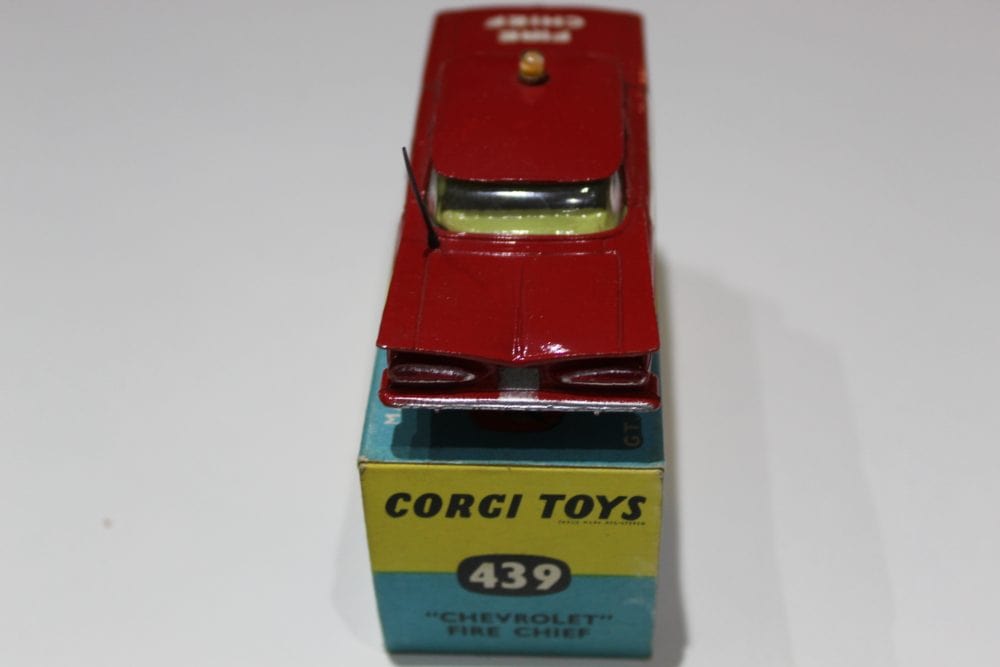 Vintage Corgi Toys 439 Chevrolet Fire Chief diecast model on original box.
