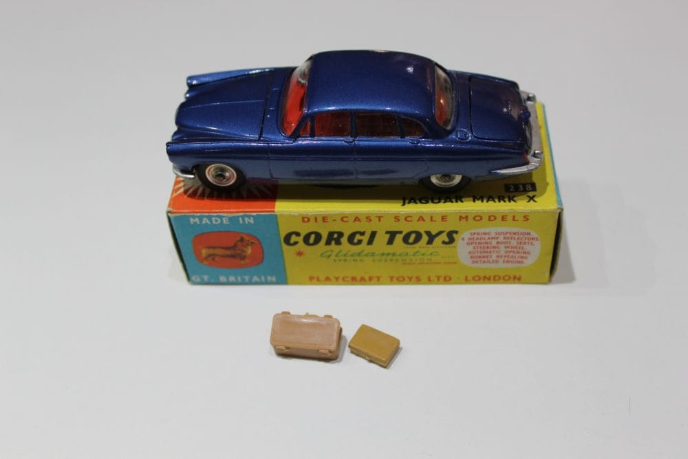 Detailed diecast model of Corgi Toys 238 Jaguar Mark 10 with box and accessories.