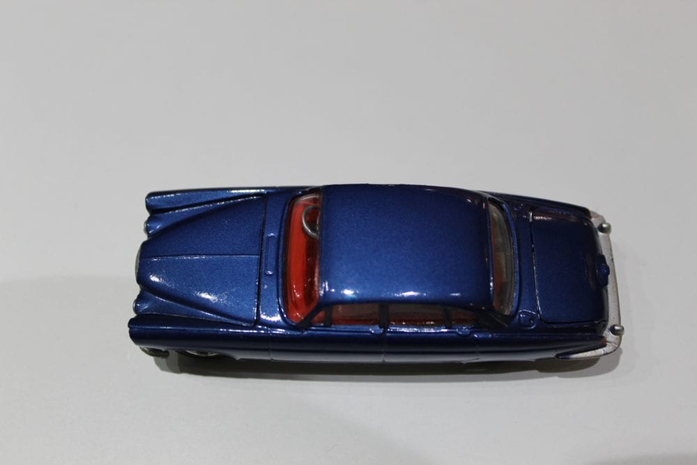 Detailed model of Corgi Toys 238 Jaguar Mark 10 in blue with red interior.