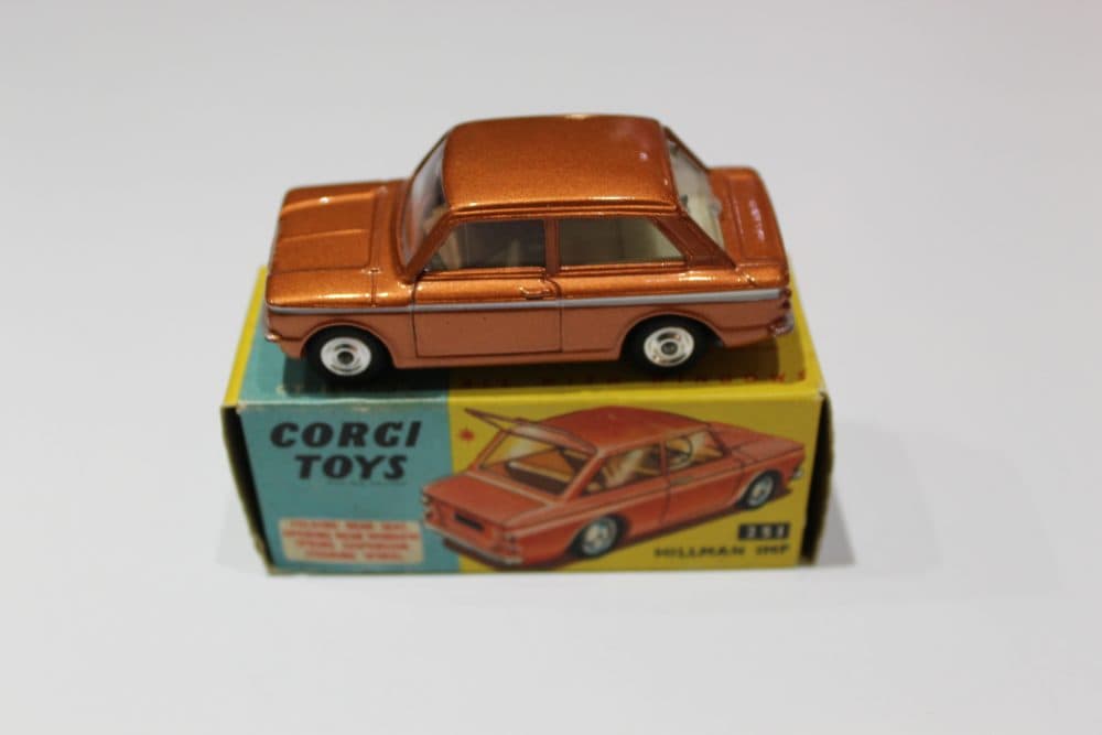 Vintage Corgi Toys 251 Hillman Imp diecast model car on original box.