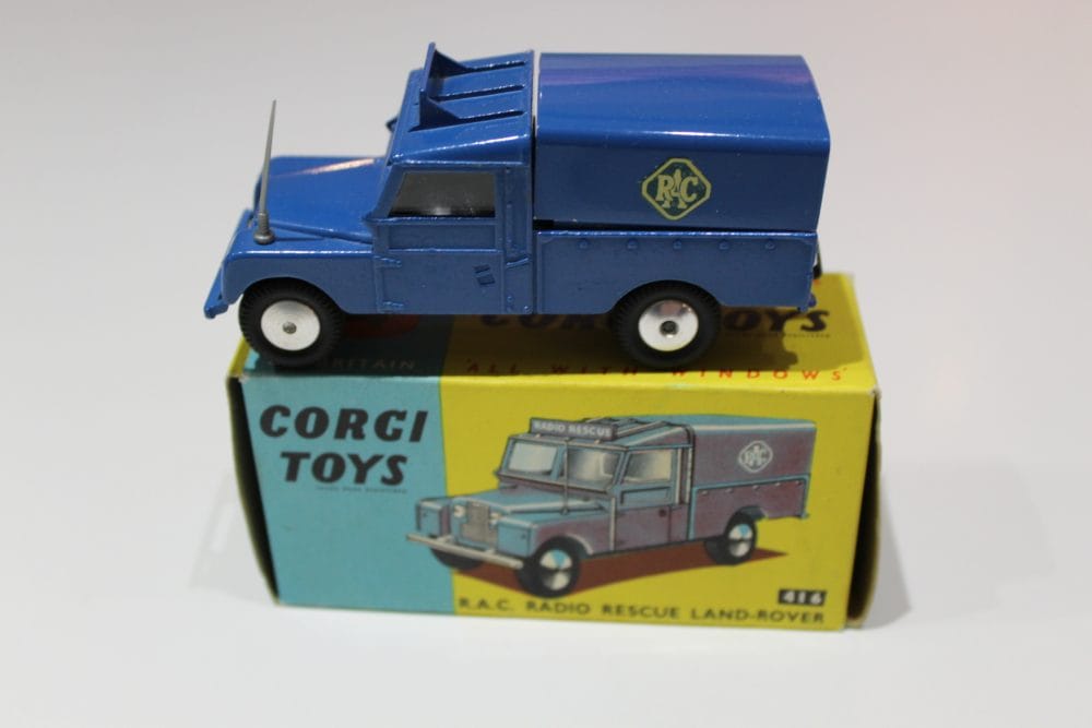 Detailed diecast model of Corgi Toys 416 R.A.C. Radio Rescue Land Rover on its original box.