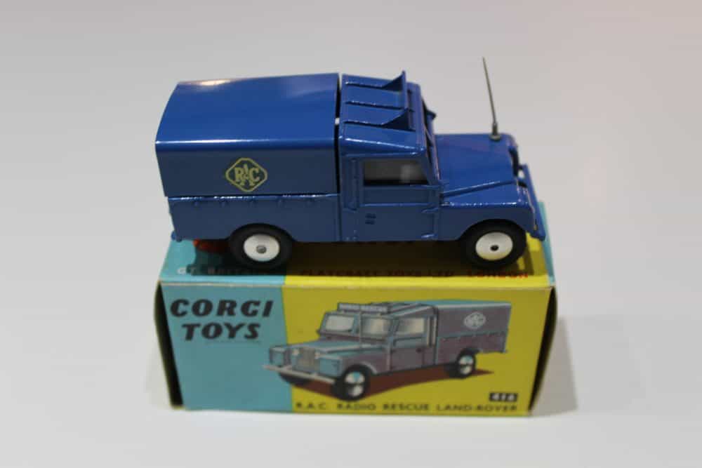 Vintage Corgi Toys 416 R.A.C. Radio Rescue Land Rover model on its original box.