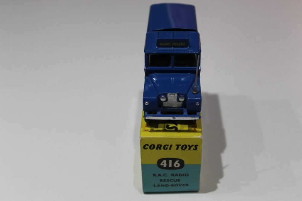 Detailed Corgi Toys 416 Land Rover with R.A.C. Radio Rescue branding and yellow base.