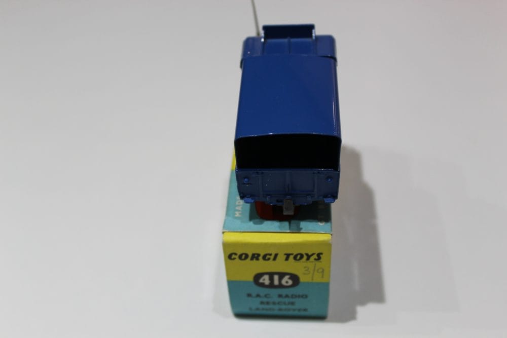 Vintage Corgi Toys 416 R.A.C. Land Rover model with detailed design and vibrant blue color.