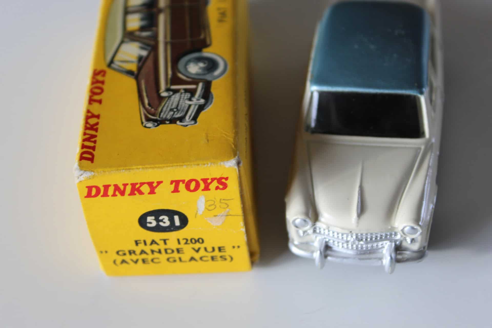 Dinky Toys 531 Fiat 1200 Grand Vue model car with glass, vintage diecast toy.