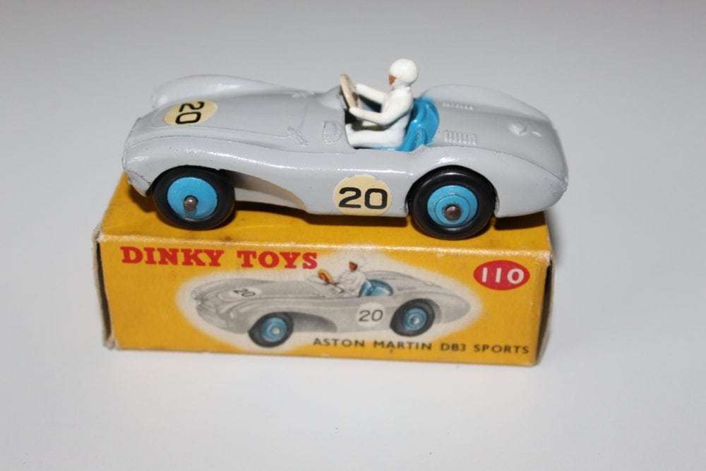 Vintage Dinky Toys 110 Aston Martin DB3 Sports diecast model with driver figure.