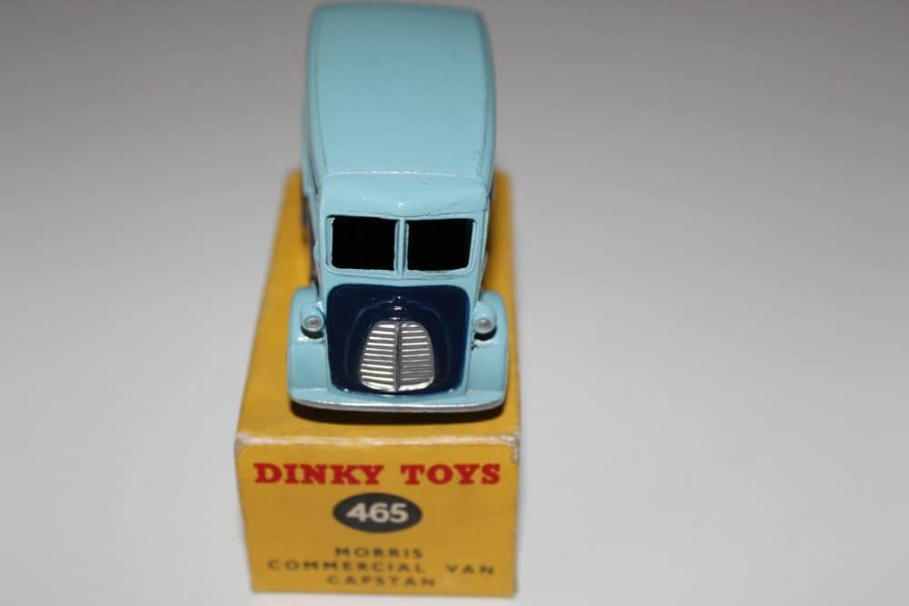 Vintage Dinky Toys 465 Morris Capstan Van model in light blue with yellow packaging.