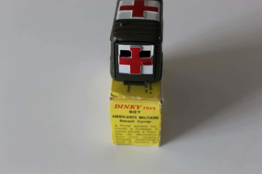 Vintage Dinky Toys 807 Renault All Terrain Military Ambulance model on yellow box.