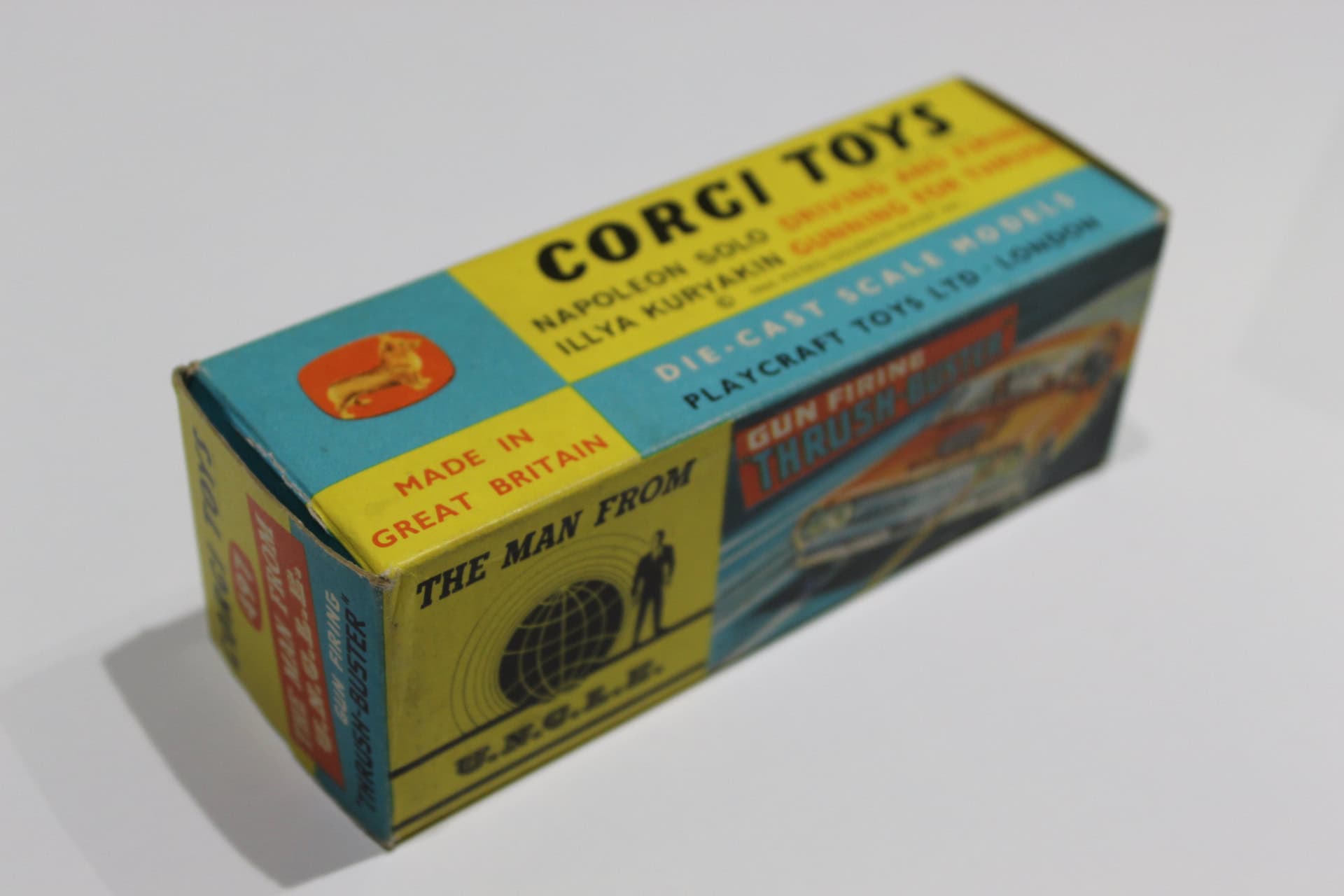 Vintage Corgi Toys 497 The Man From Uncle Thrushbuster action figure box, collectible toy packaging.
