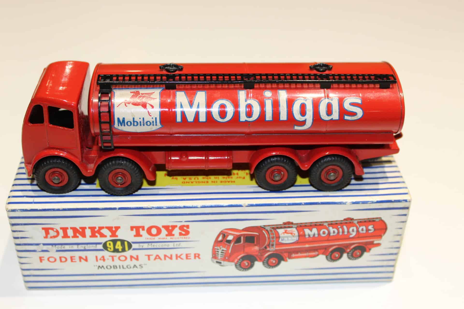 Dinky Toys 941 Foden Mobilgas Tanker model with Mobilgas branding and detailed design.