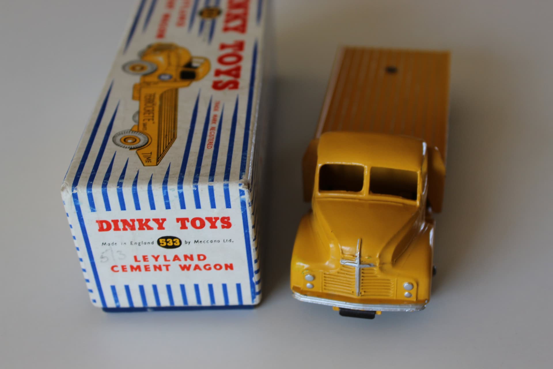 Vintage Dinky Toys Leyland Cement Wagon model, collectible diecast vehicle for display.