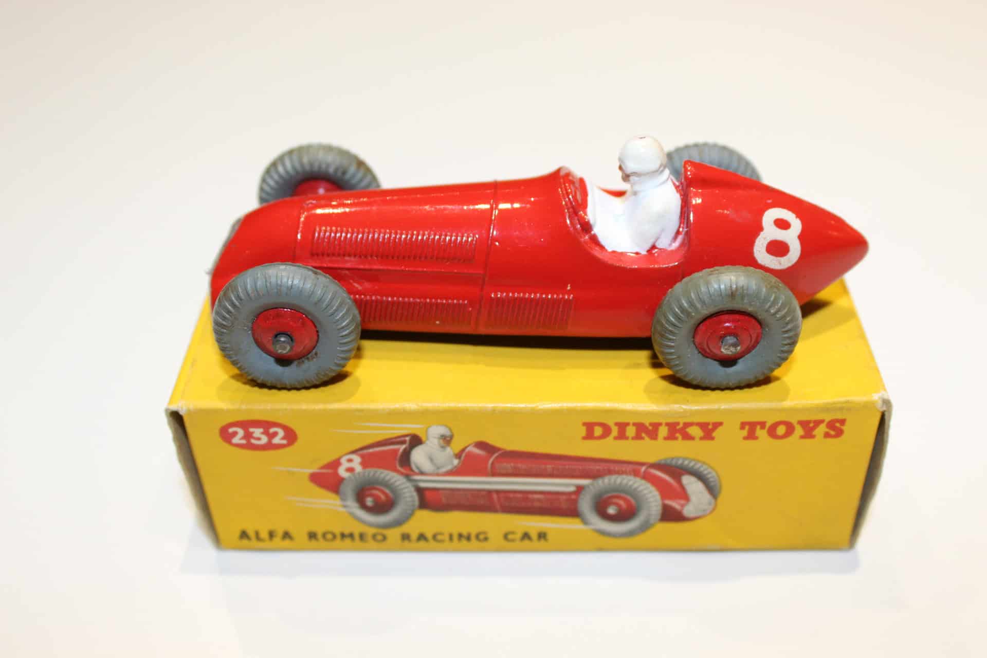 Vintage Dinky Toys 232 Alfa Romeo racing car with driver, yellow box.