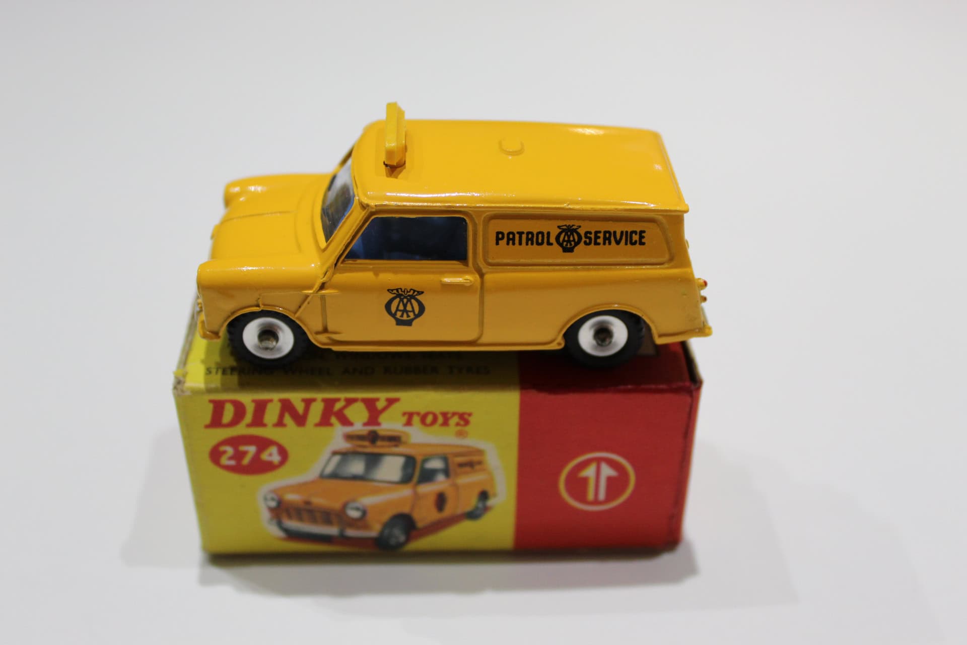 Dinky Toys 274 A.A. Mini Van diecast model with patrol service livery on a box.