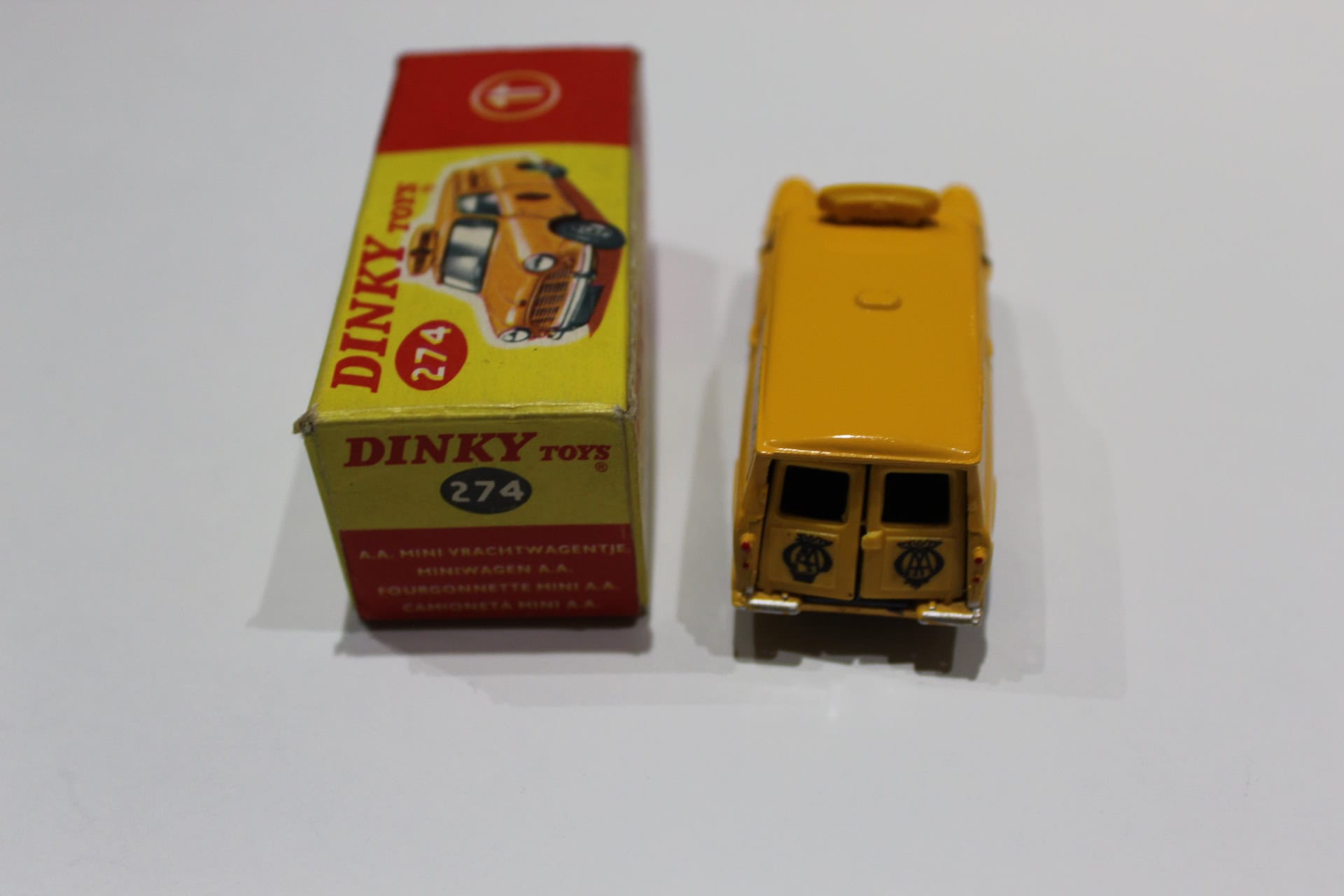 Dinky Toys 274 A.A. Mini Van in yellow with original box, collectible diecast model.