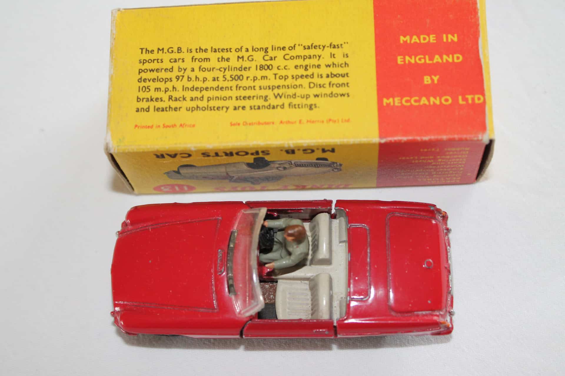 Dinky Toys 113 M.G.B. sports car, rare South African issue, vintage diecast model.