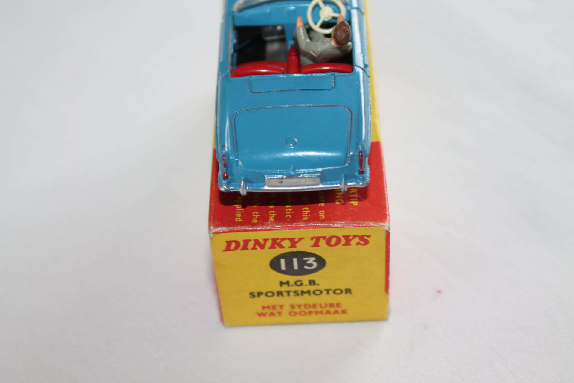 Dinky Toys 113 M.G.B. Sports Car rare South African issue, vintage diecast model on original box.