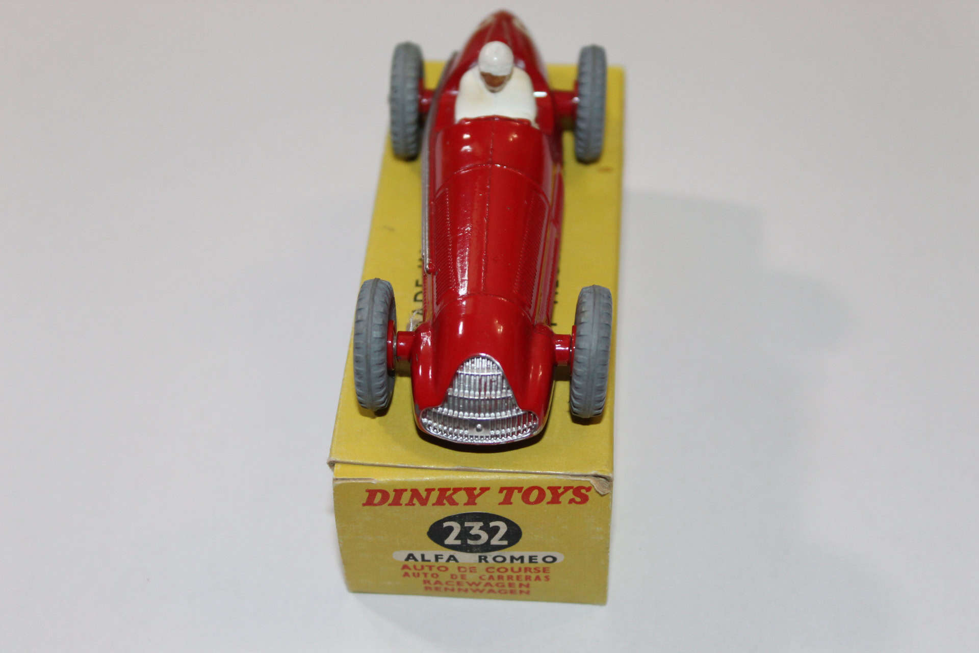 Dinky Toys 231 Alfa Romeo Maserati racing car model on original box, vintage diecast collectible.